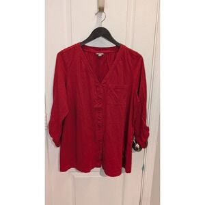 J. Jill Cotton Long‎ Sleeve Blouse Size XL Red